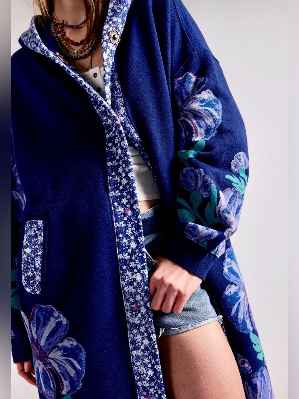 Free People Super Bloom Hood Maxi Sweatshirt Maxi Cardi Coat Blue Flowers